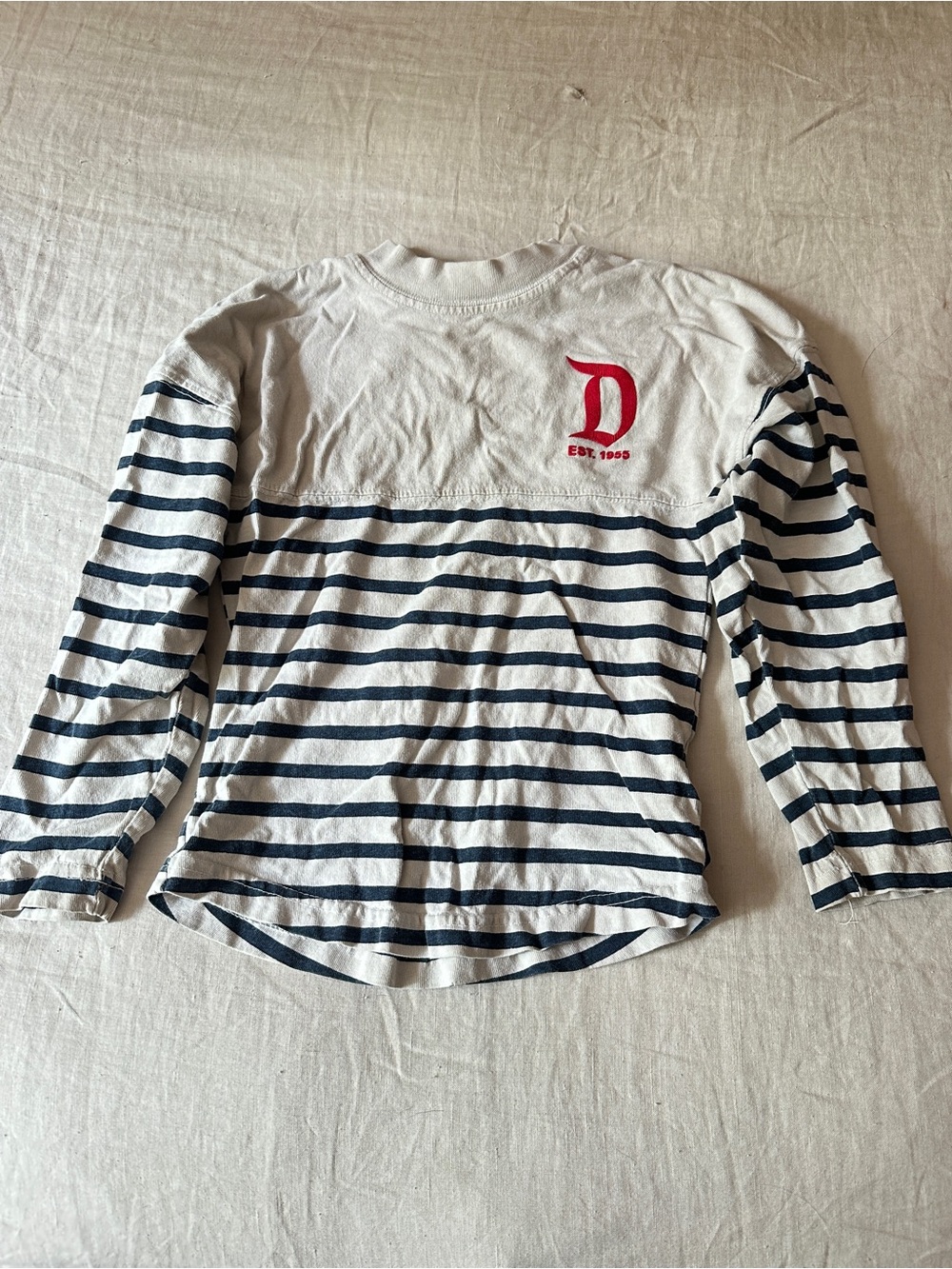 Vintage Disney Red, White & Navy Striped Long-Sleeve Tee with Red 'D' Logo